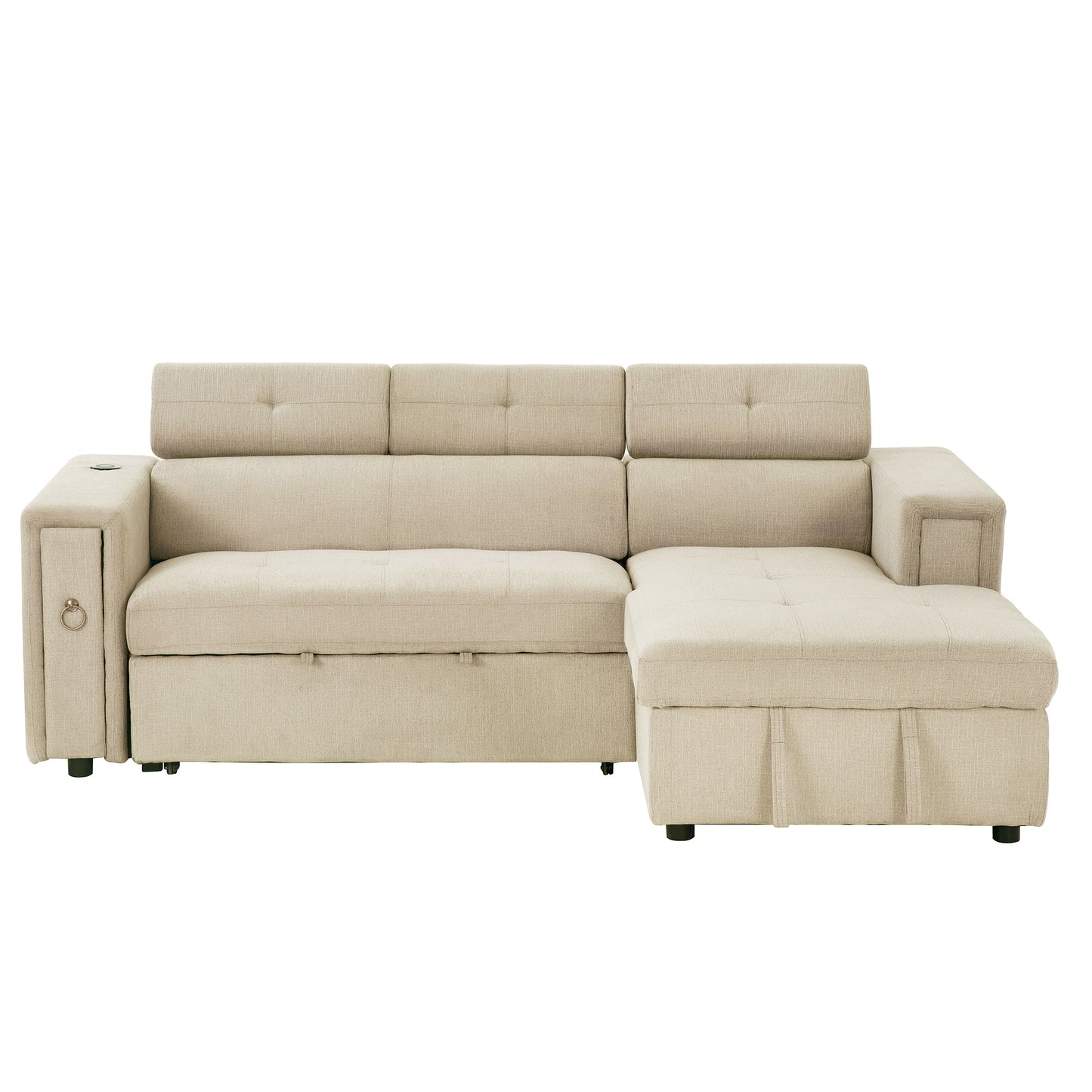 L-Shaped Sectional Sofa with Hidden Storage, Adjustable Headrest, Wireless Charging, and Cup Holders