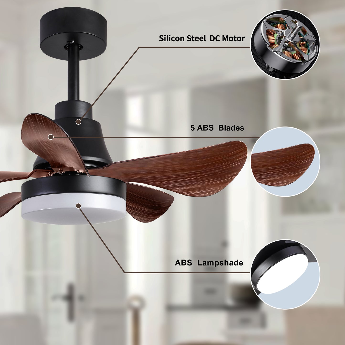 28 inch Modern Black Ceiling Fan with Remote Control and LED Light - 6 Speeds and 3 Colors