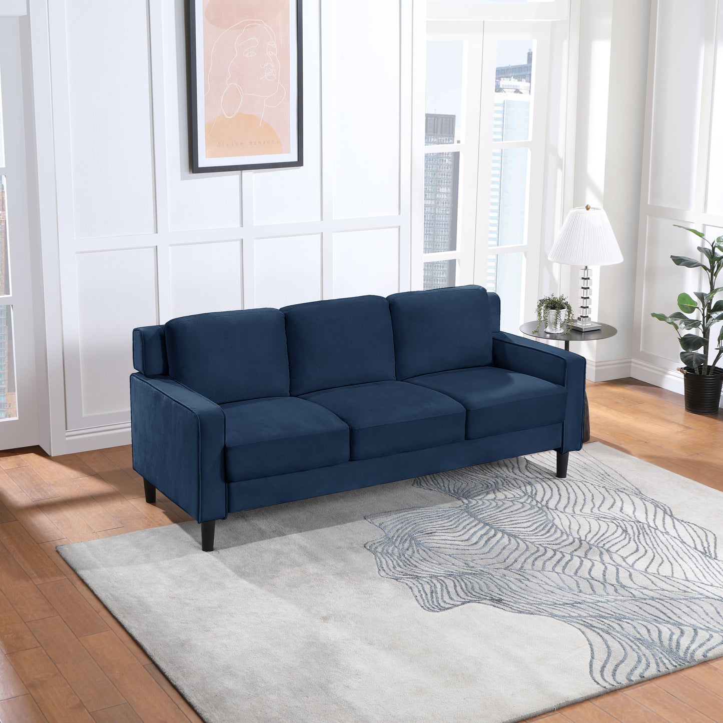 Blue Velvet 3-Seater Loveseat Sofa with High-Density Foam and Sturdy Frame