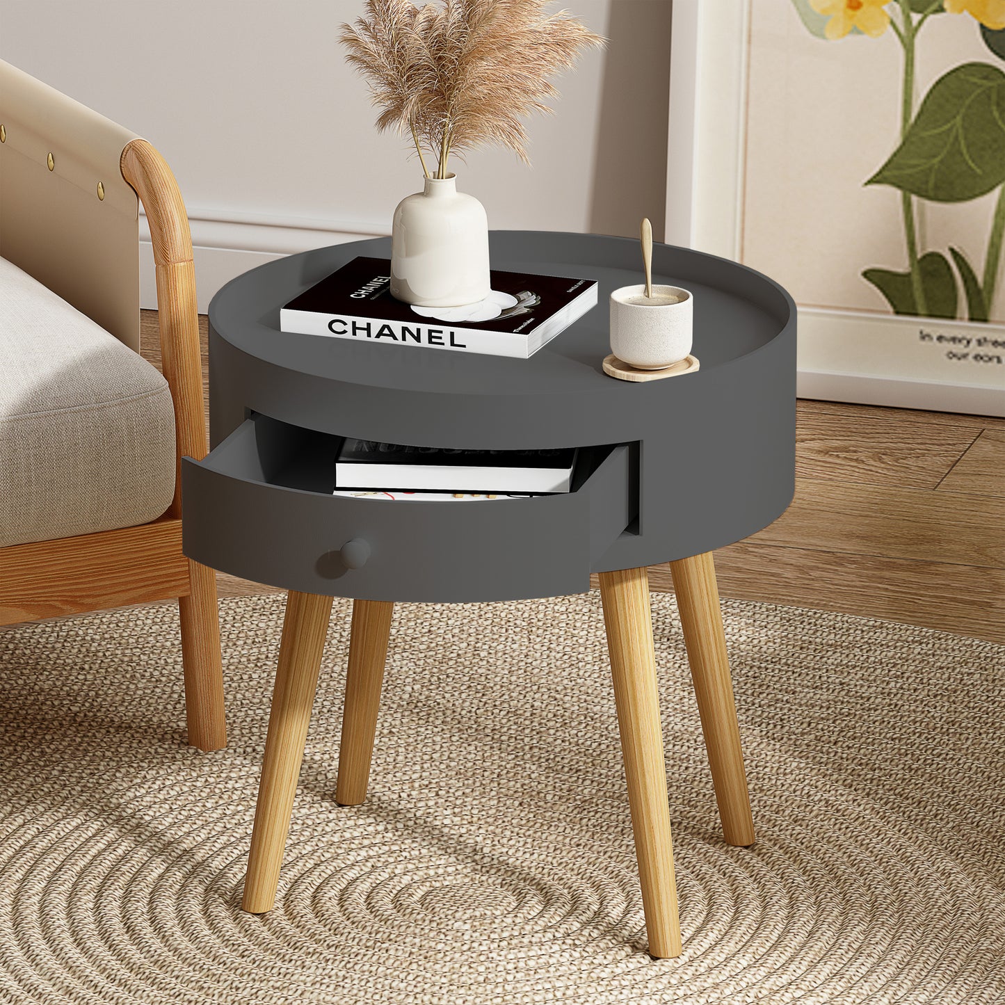 Gray Modern Coffee Table with Drawer and Oak Table Legs