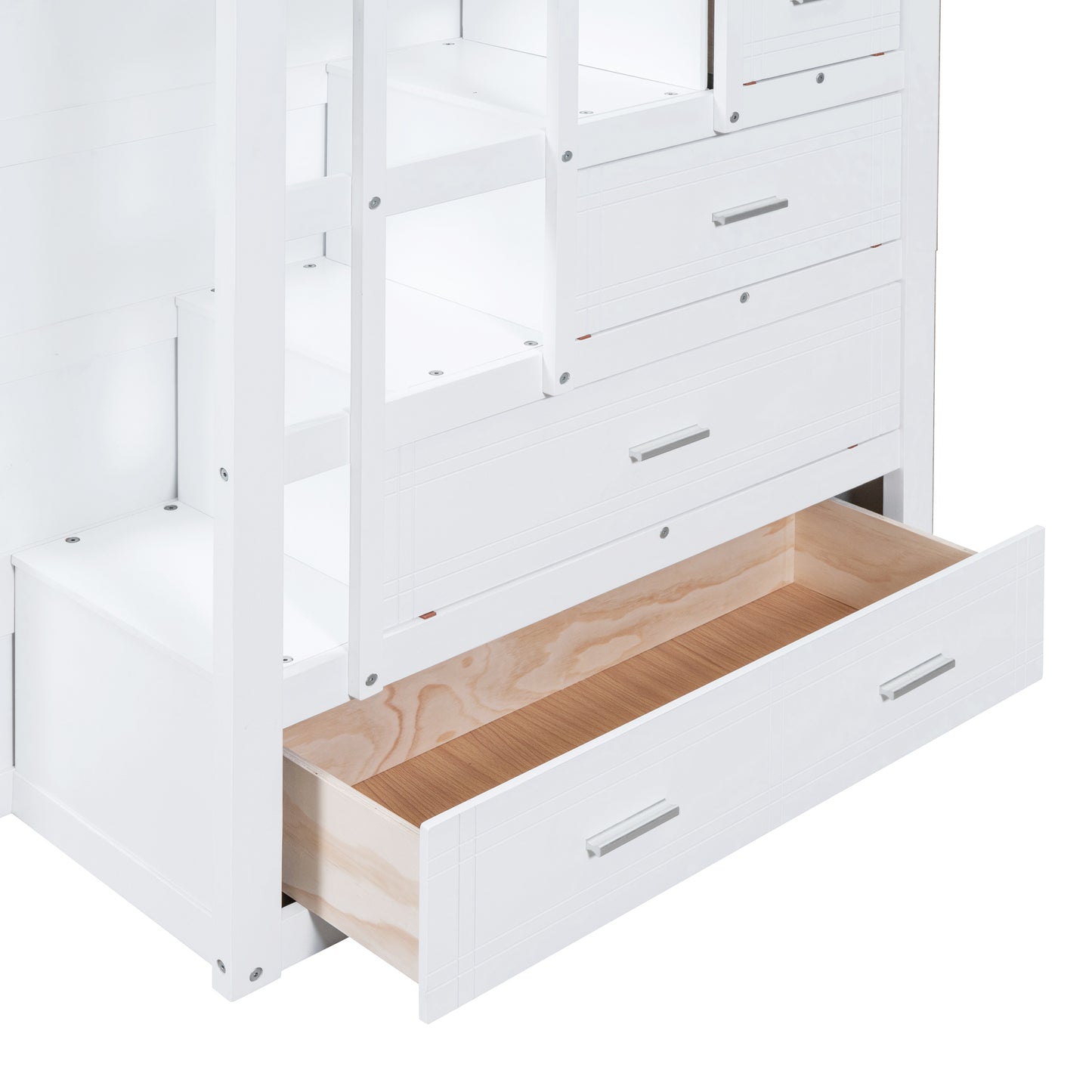 White Full-Over-Full Bunk Bed with Staircase and Trundle