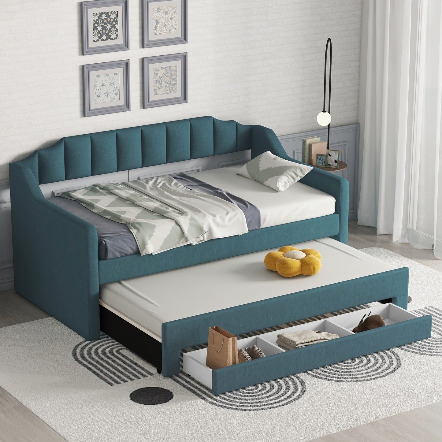 Twin Size Upholstered Daybed with Trundle and Three Drawers,Green