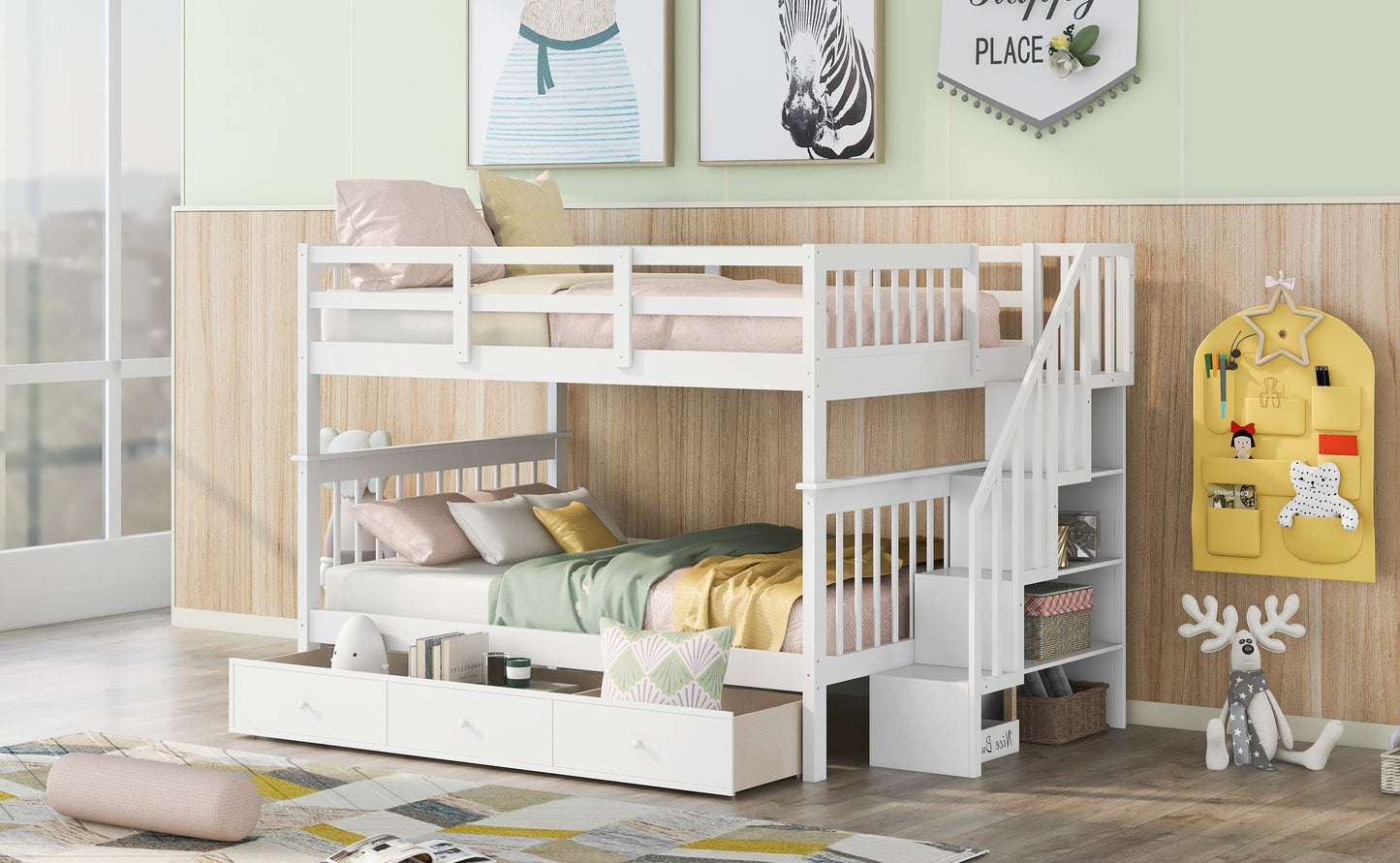 Full-Size Bunk Bed with Stairway Storage and Guard Rail