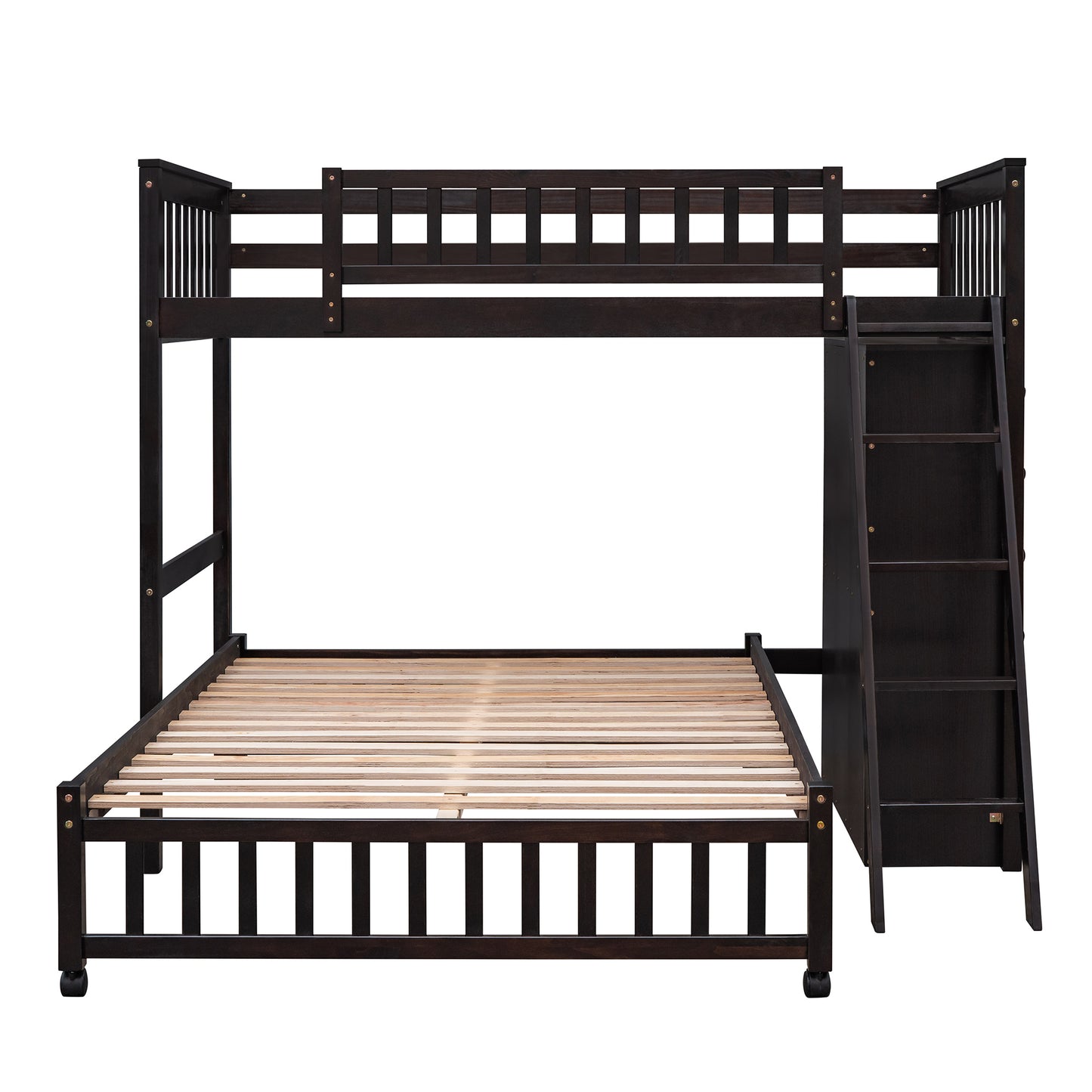 Espresso Wooden Bunk Bed with Twin Over Full, 6 Drawers, and Flexible Shelves - Versatile Solid Wood Bunk Bed with Storage and Removable Bottom Bed