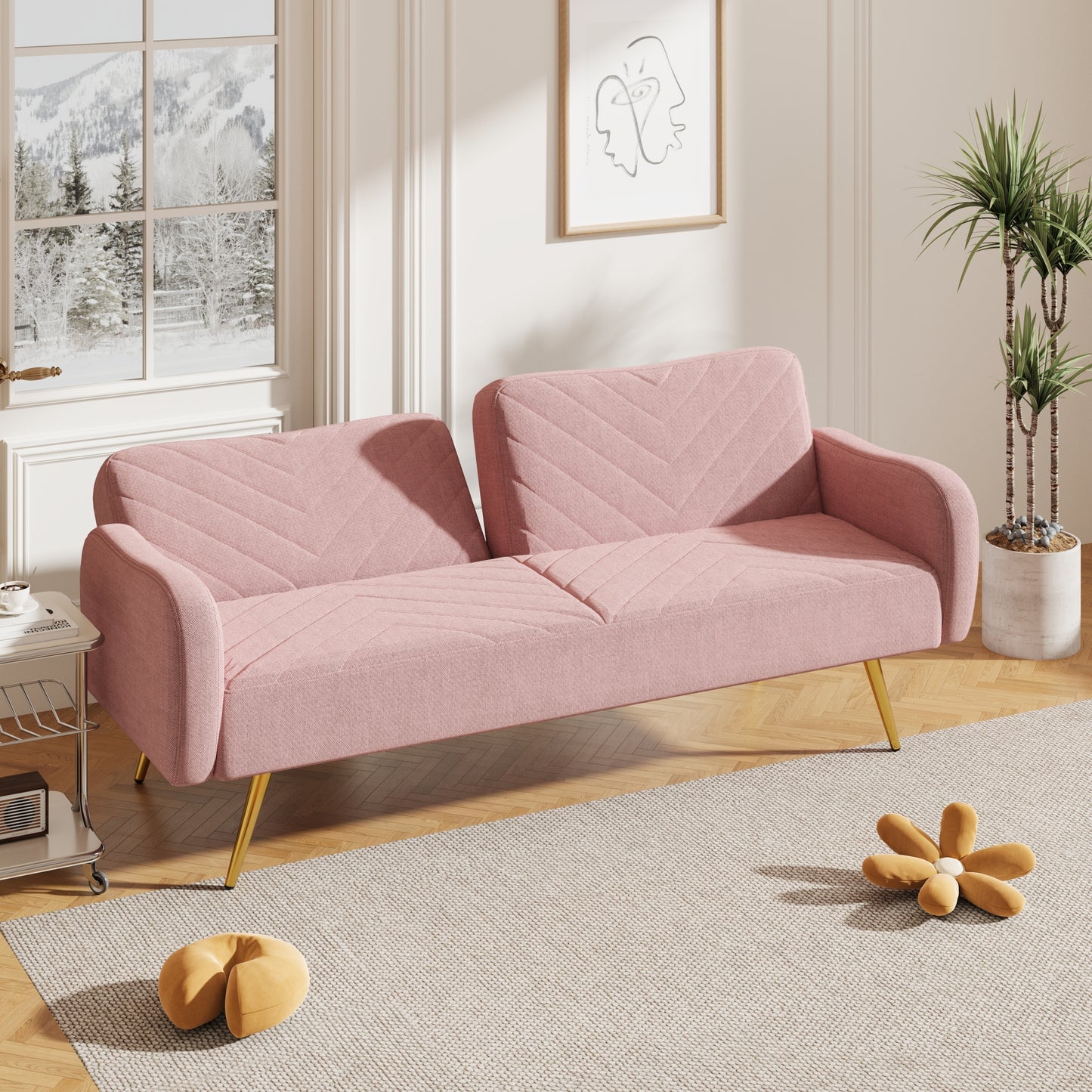 Pink Fabric Double Sofa with Adjustable Split Backrest and Two Throw Pillows