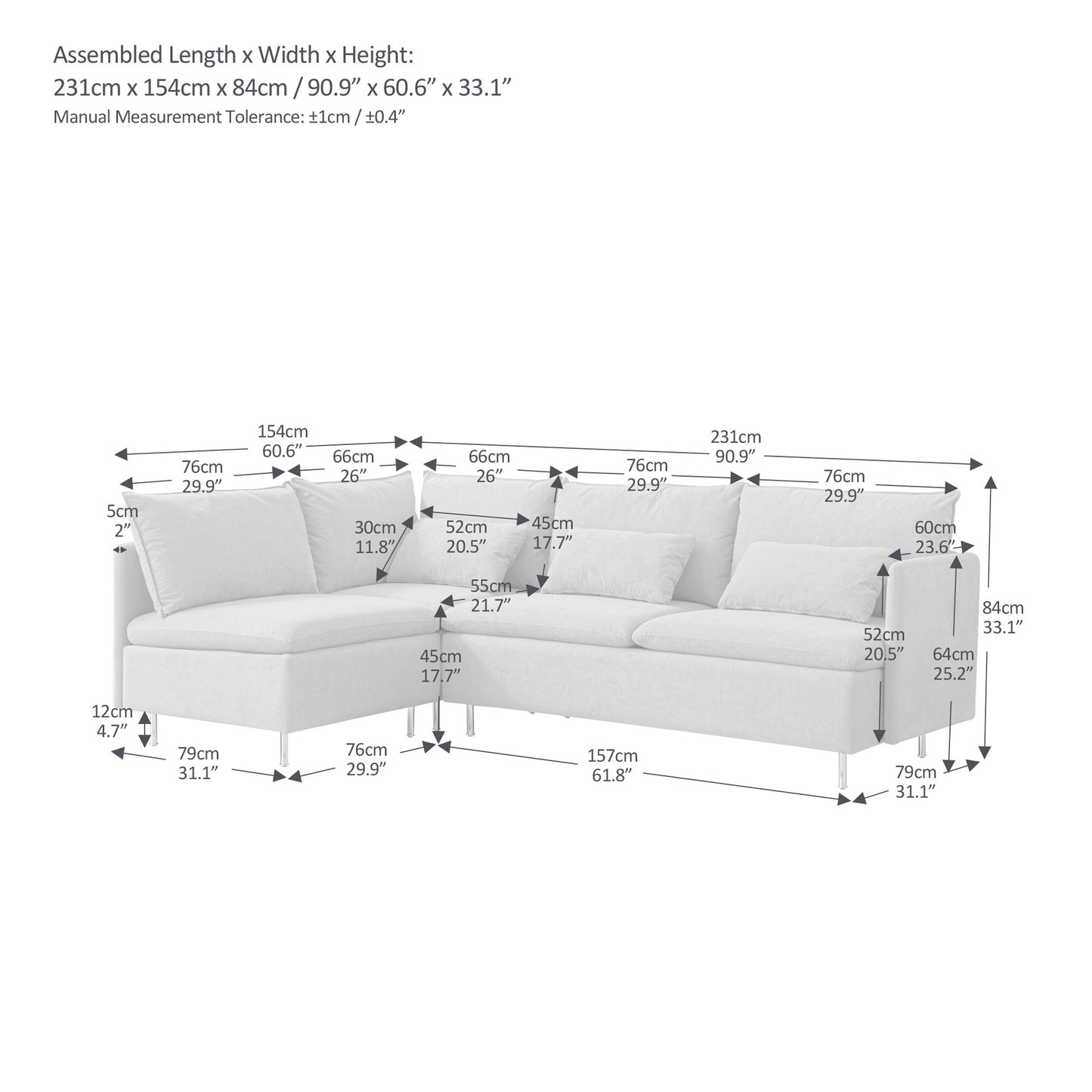 Modular L-shaped Corner sofa ,Left Hand Facing Sectional Couch,Orange Cotton Linen-90.9''