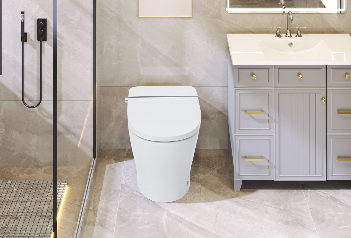 Heated Seat Smart Toilet, Upmarket Compact Dual Flush Toilet 1/1.28 GPF, Tank less toilet with Adjustable Temp Heated Seat, Foot sensor Flush, White Night Light, Knob Control, Power Outage Flushing