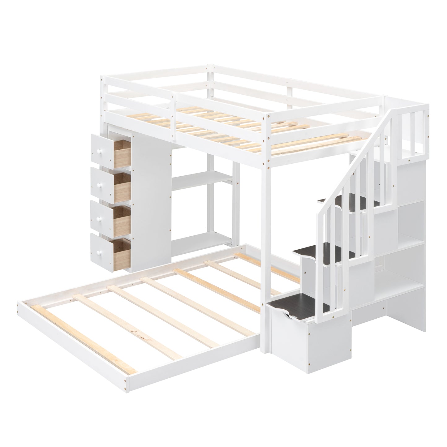 White Twin Over Full Bunk Bed with Storage Stairs & Drawers for Space-Saving Solution