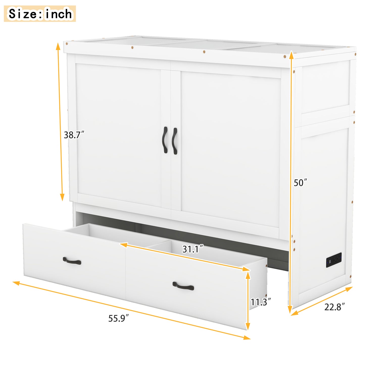 Full Size Murphy Bed with USB Port and a Large Drawer, White