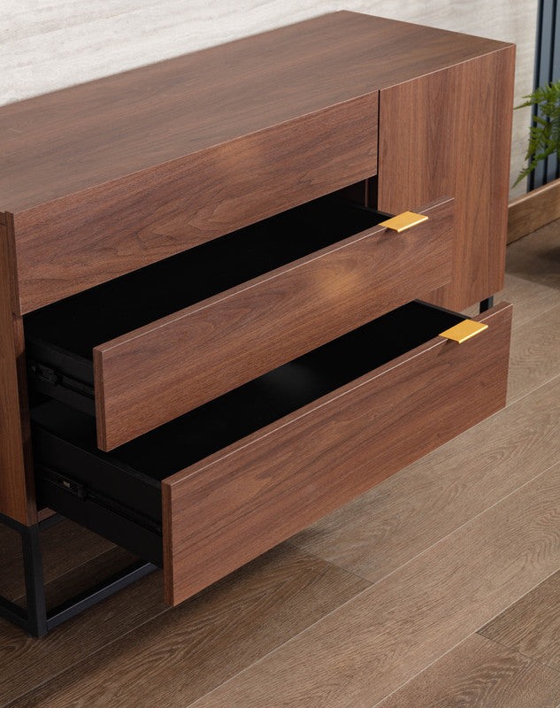 Walnut Brown Wood TV Stand with Drawer and Cabinet Storage