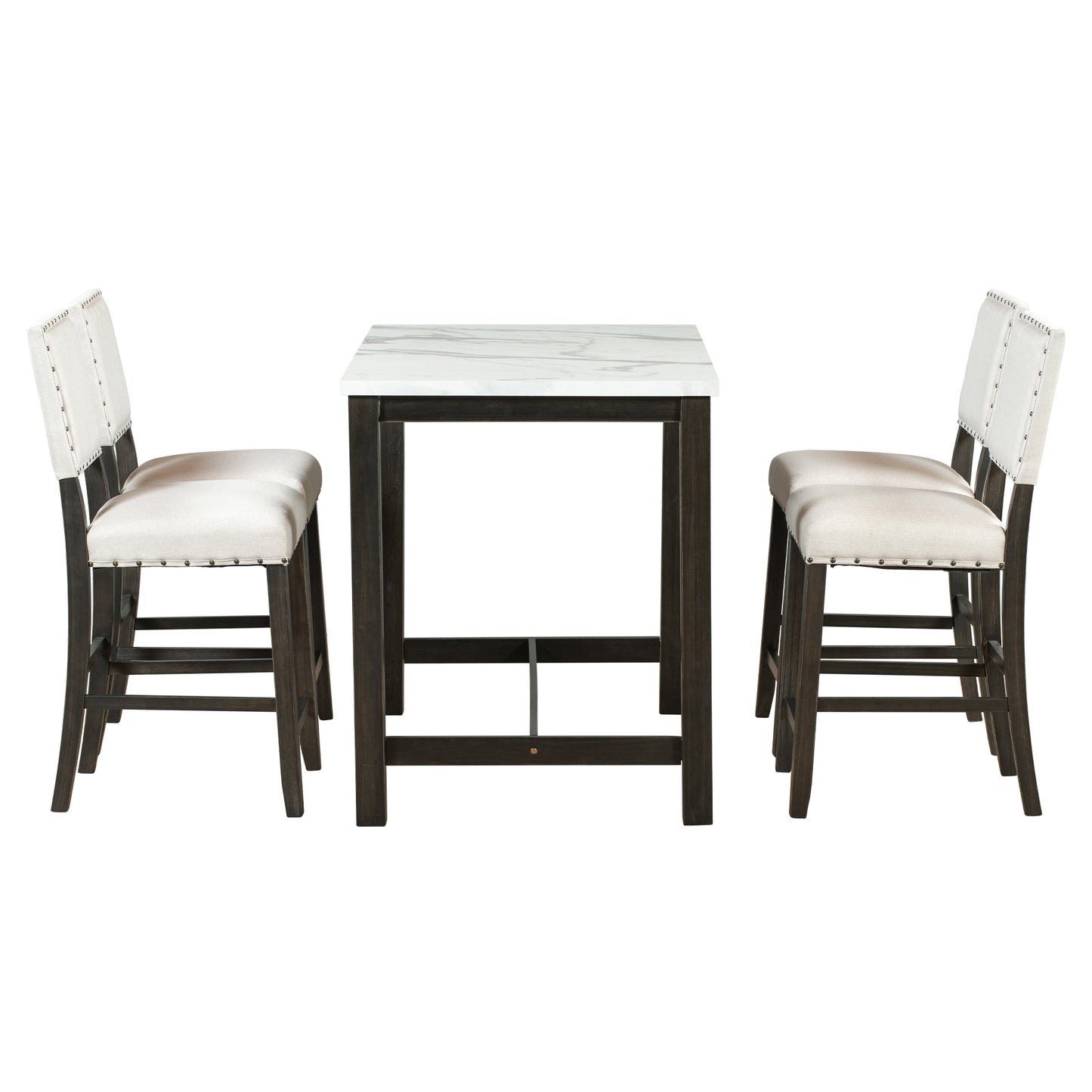 5 Piece Rustic Wooden Counter Height Dining Table Set with 4 Upholstered Chairs for Small Places, Faux Marble Top+Black Body