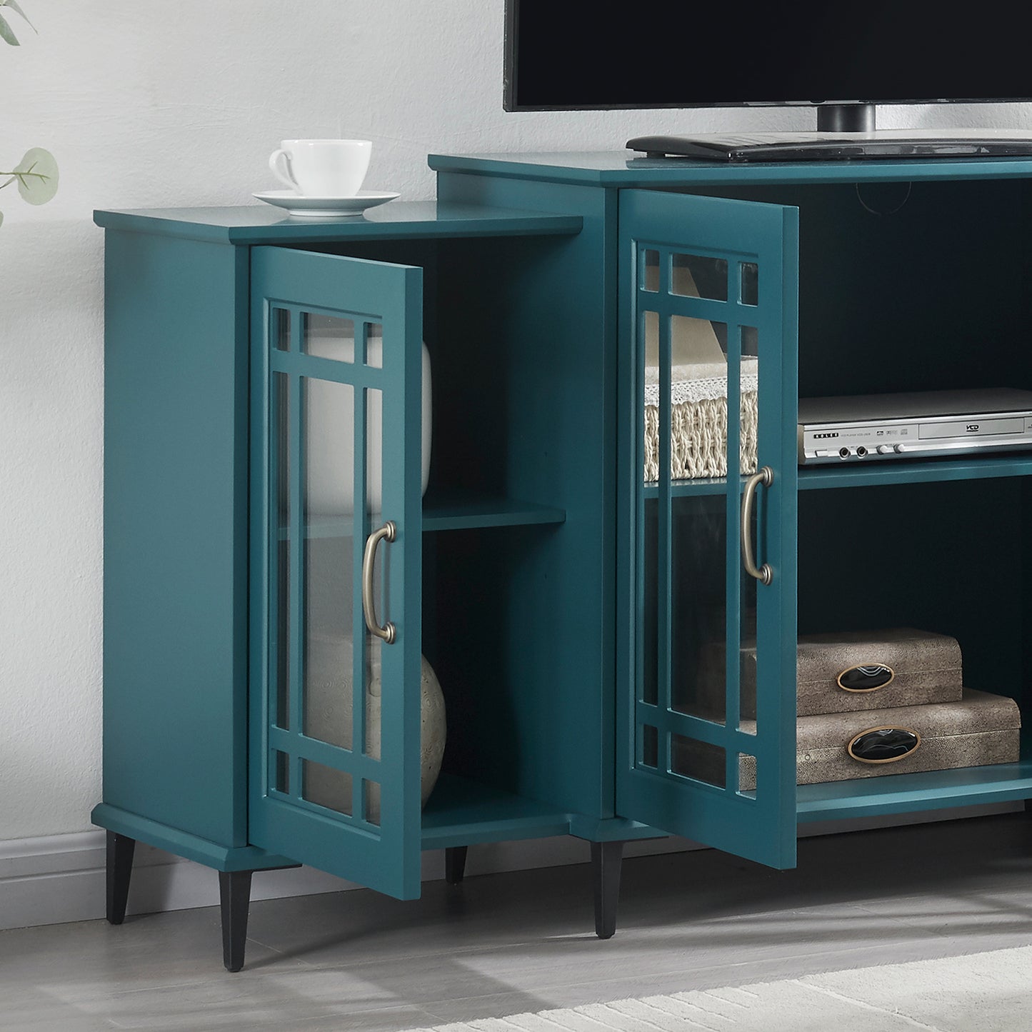 Teal Blue Geometric TV Stand and Buffet Cabinet