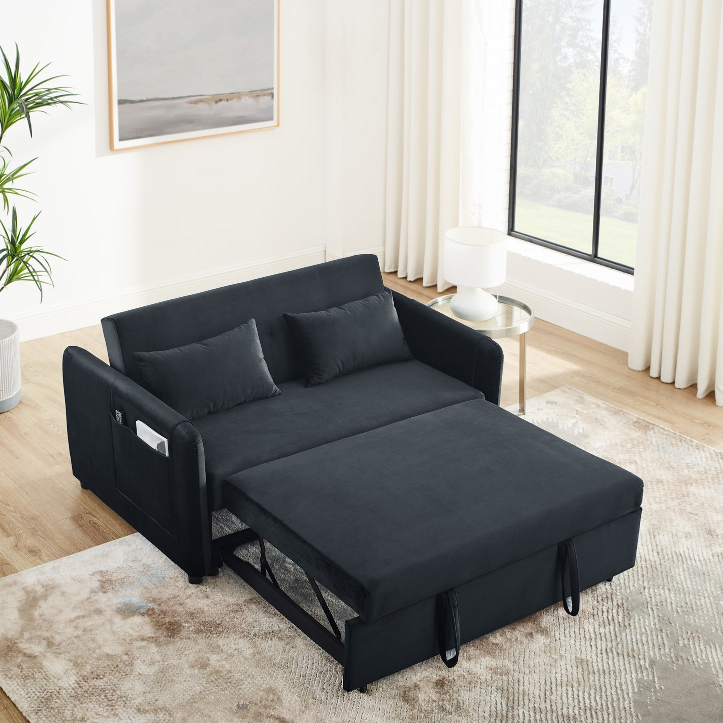 Convertible Sofa Bed, 3-in-1 Versatile Velvet Double Sofa with Pullout Bed, Seat with Adjustable Backrest, Lumbar Pillows, and Living Room Side Pockets, 54 Inch, Black