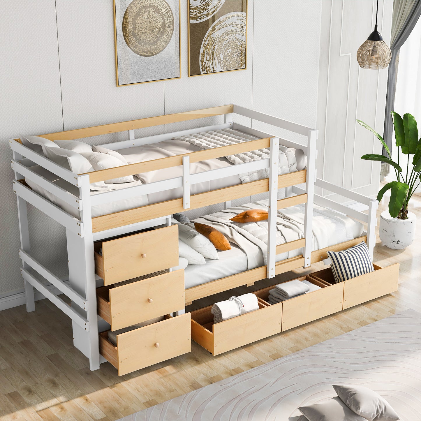 Natural Twin Loft Bunk Bed with Drawers, Ladder, and Dual Sleeping Space