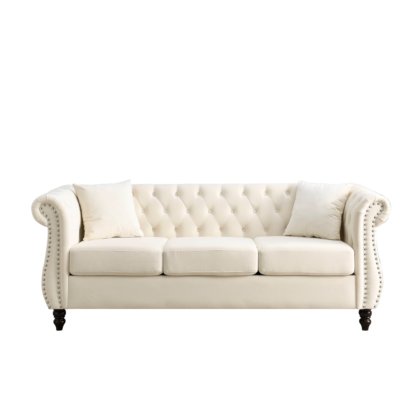 [Video] 80" Chesterfield Sofa Beige Velvet for Living Room, 3 Seater Sofa Tufted Couch with Rolled Arms and Nailhead for Living Room, Bedroom, Office, Apartment, two pillows