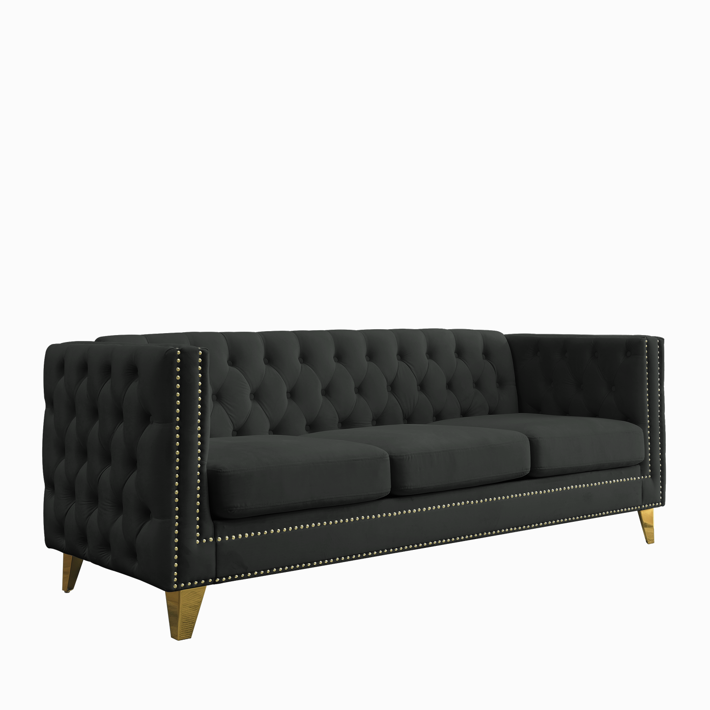 Velvet Sofa for Living Room,Buttons Tufted Square Arm Couch, Modern Couch Upholstered Button and Metal Legs, Sofa Couch for Bedroom, Black Velvet ,2PCS