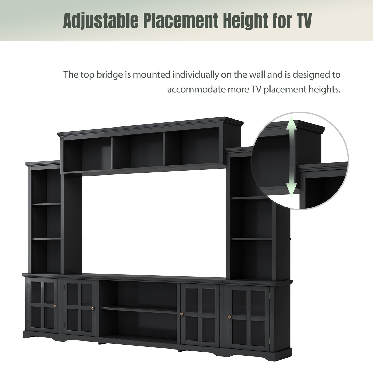 Sleek Entertainment Wall Unit with Bridge and Tempered Glass Door, Modern TV Console for TVs Up To 70