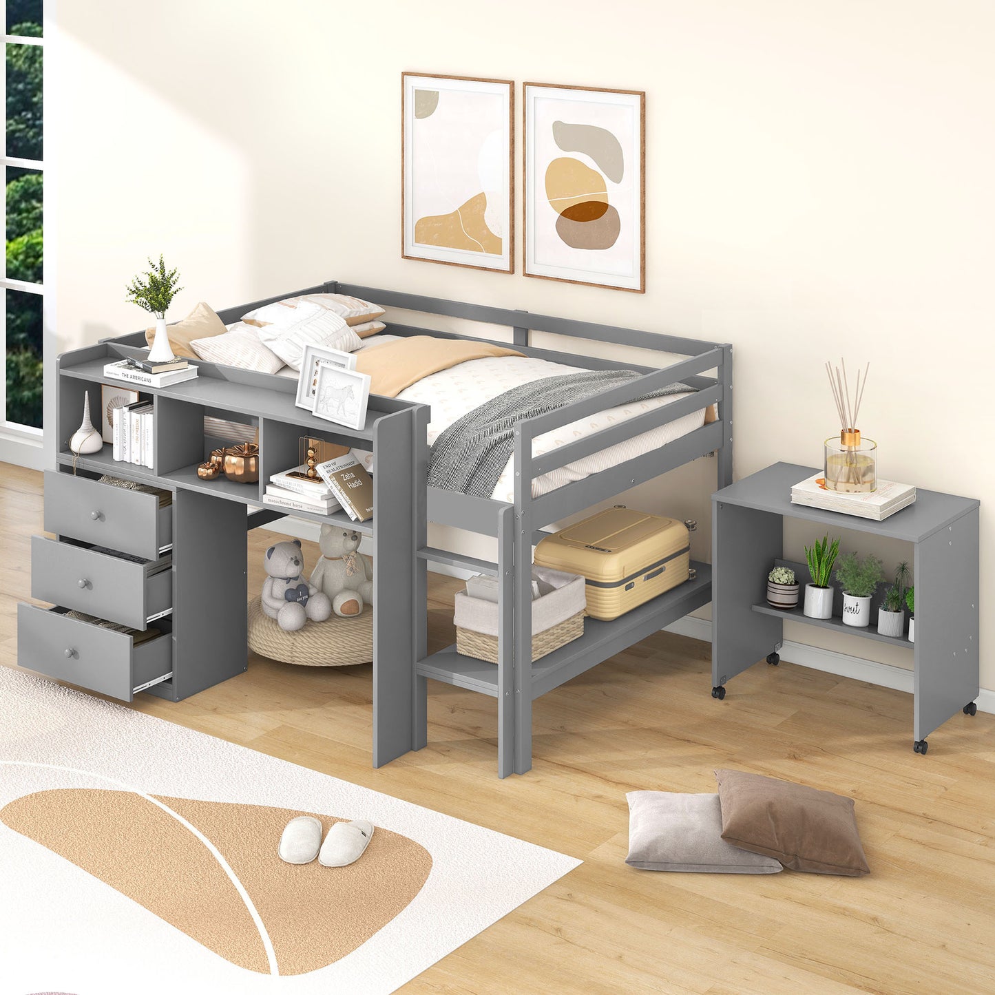 Full Size Low Loft Bed with Rolling Portable Desk, Drawers and Shelves, Gray(: GX000711AAE)