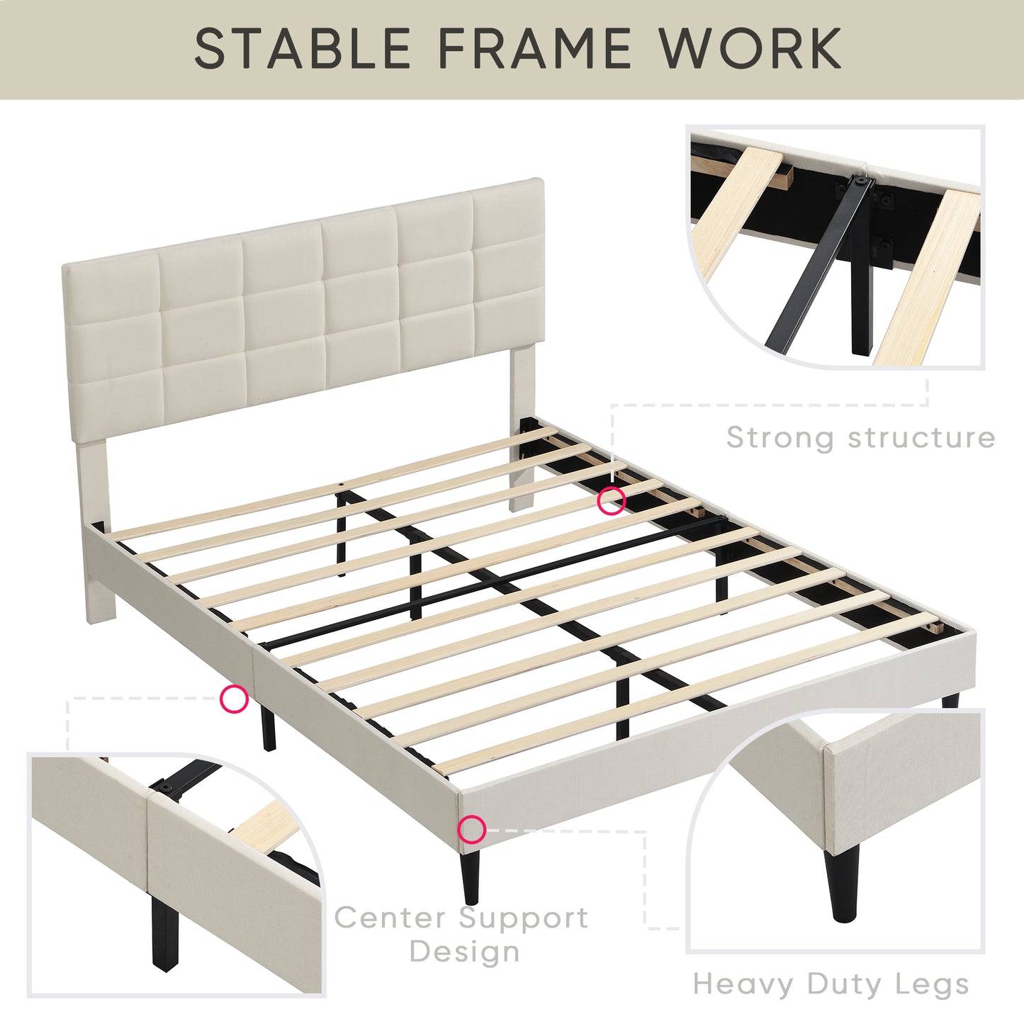 Queen Size Platform Bed Frame with Fabric Upholstered Headboard and Wooden Slats, No Box Spring Needed/Easy Assembly, Beige