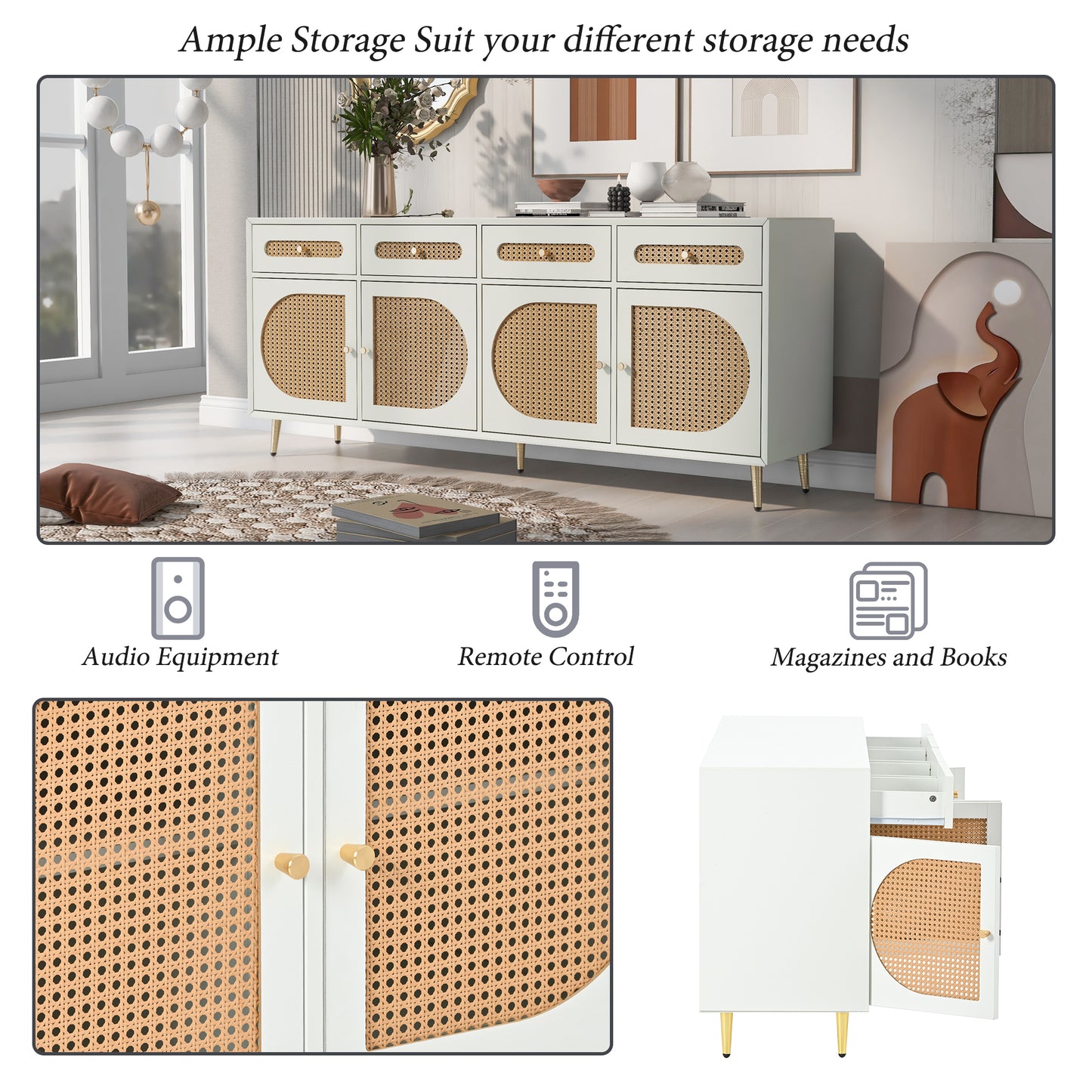 Stylish TV Console Cabinet with Rattan Door for TVs up to 65, Modern Storage Sideboard for Living Room