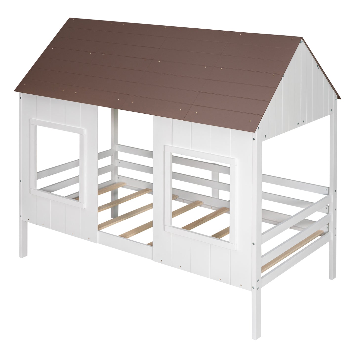 Twin Size Low Loft Wood House Bed with Two Front Windows, (White+Brown Roof)(OLD SKU:LP000039AAH)