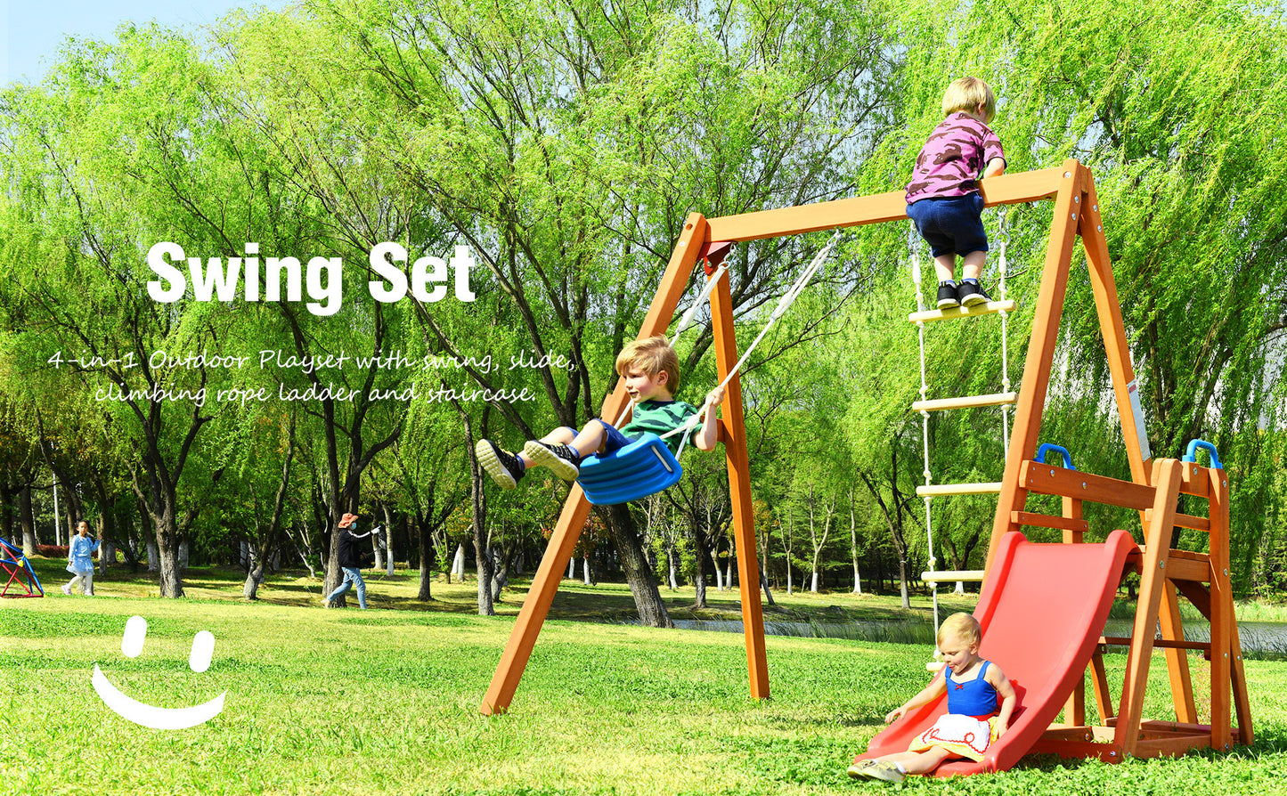 Wooden Outdoor Swing Set with Slide, Climbing Rope Ladder, and Swing for Kids