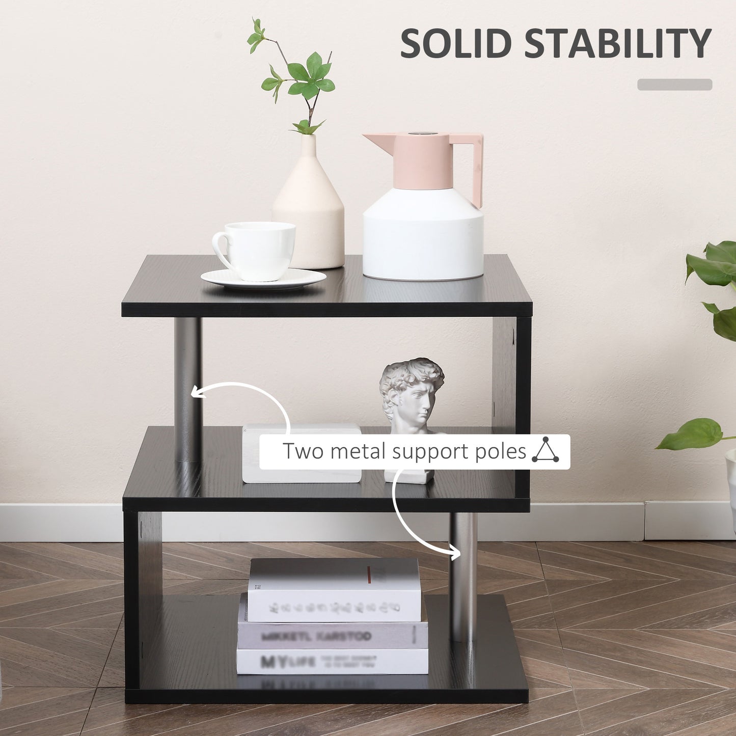 Black S-Shaped Modern Accent Table with Storage Shelf