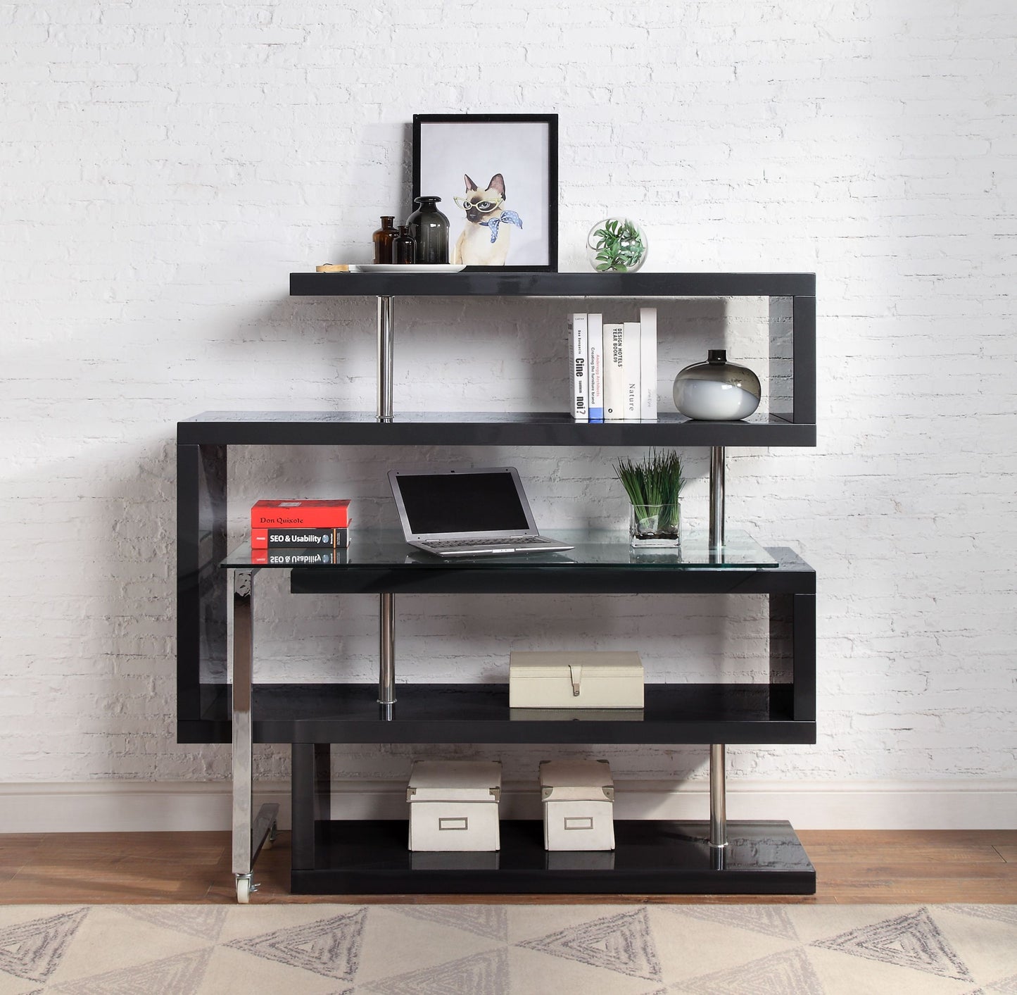 Modern Glass-Top Writing Desk with S-Shaped Shelf, Black and Chrome Finish