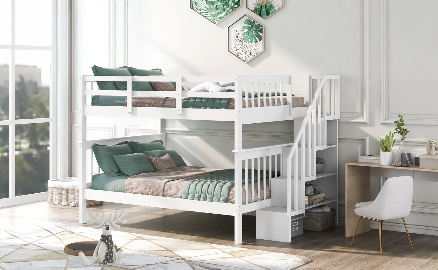 Stairway Full-Over-Full Bunk Bed with Storage, Guard Rail, and White Finish for Bedroom or Dorm with Ultimate Storage and Safety Features