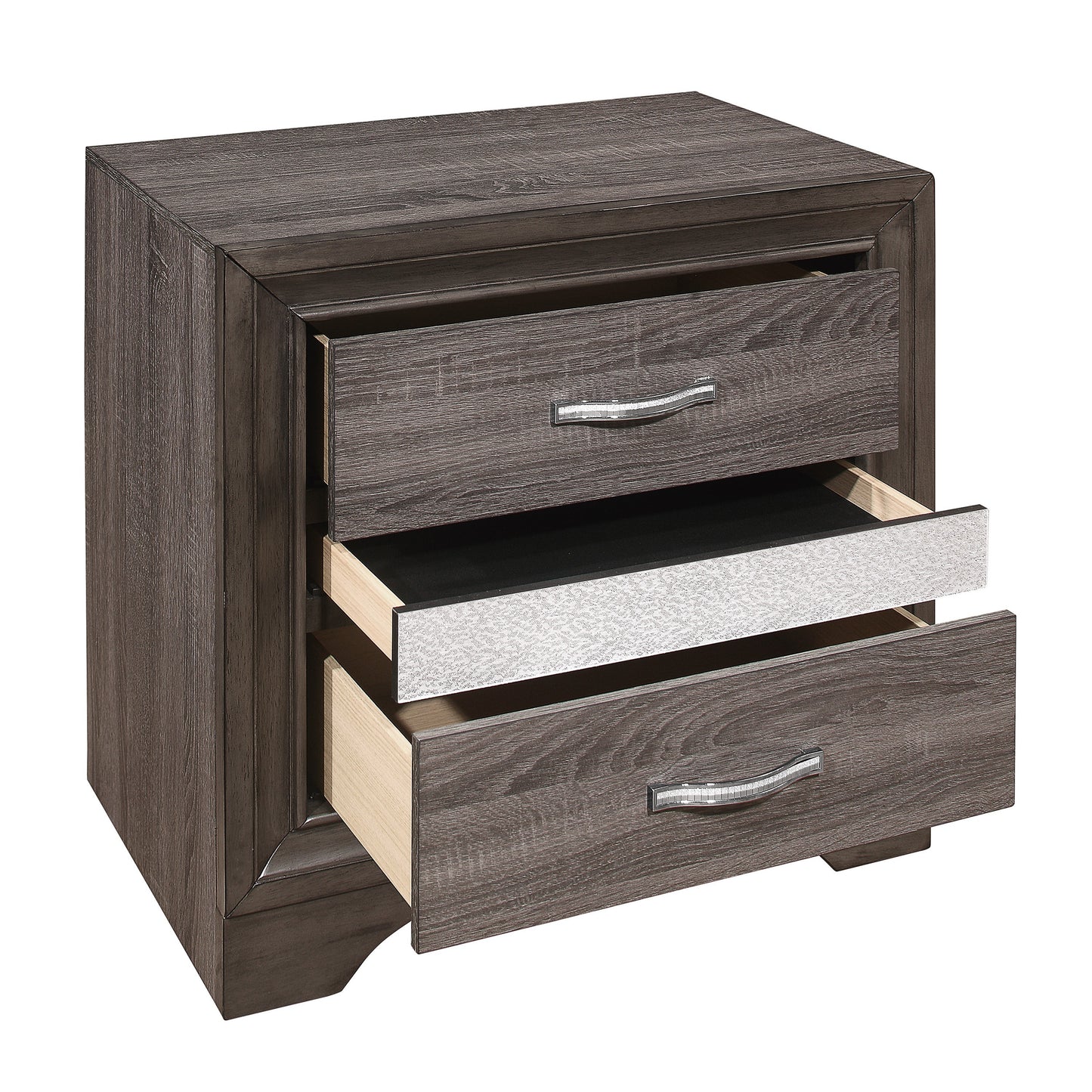 Glamorous Two-Tone Finish Nightstand Hidden Jewelry Drawer Polish Chrome Bar Bedroom Furniture