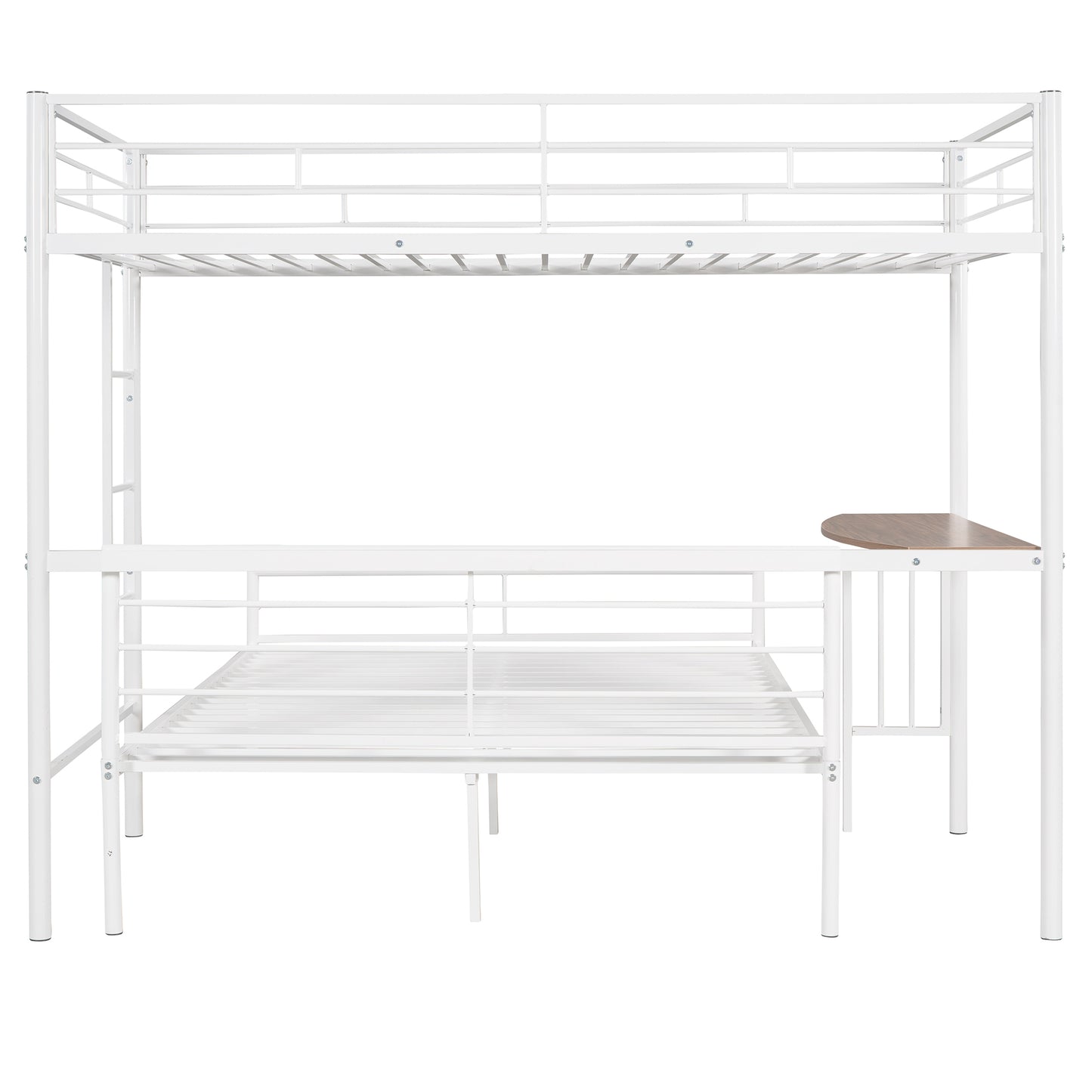 Metallic White Twin Over Full Bunk Bed with Desk and Ladder