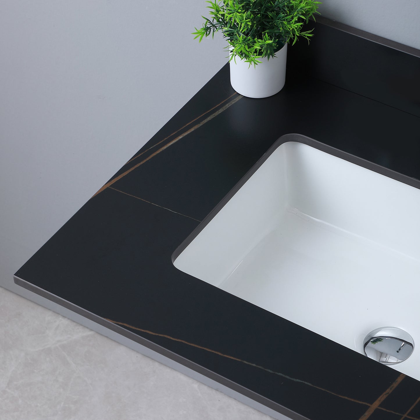 Montary 31inch sintered stone  bathroom vanity top  black gold color with undermount ceramic sink and single faucet hole with backsplash