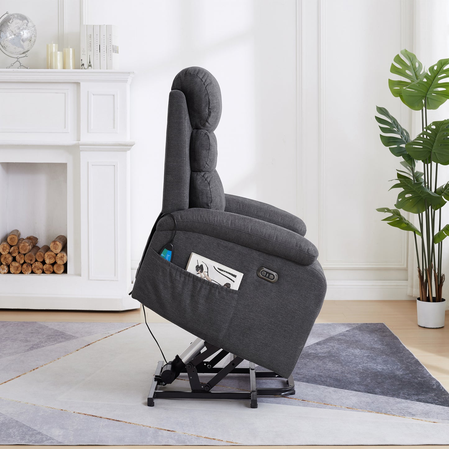 Electric Power Lift Recliner Chair with Massage and Heating - Grey Linen Fabric and USB Port