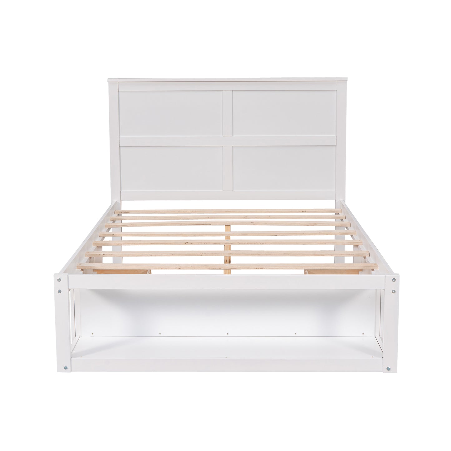 Full Size Platform Bed with Drawer on the Each Side and Shelf on the End of the Bed, White