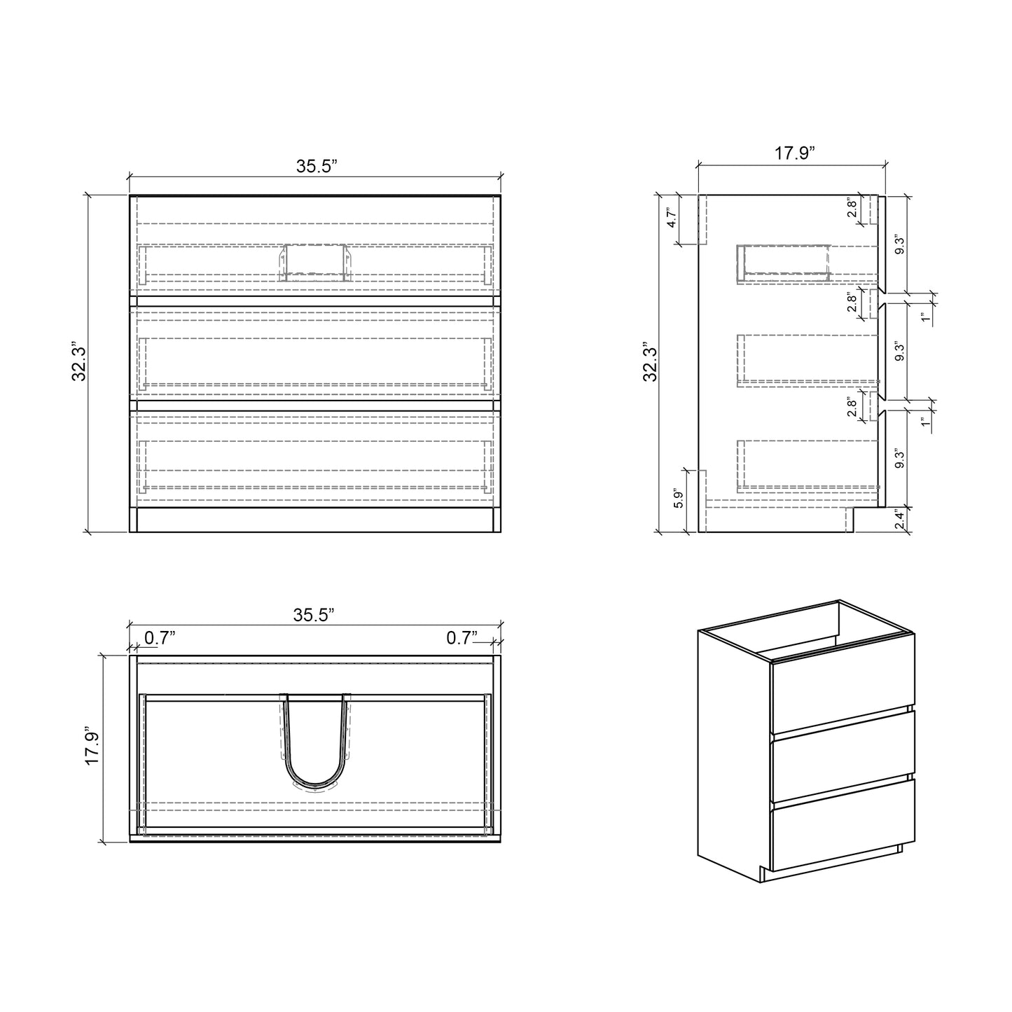 Alice-36F-102,Floor cabinet WITHOUT basin,Gray color,With three drawers