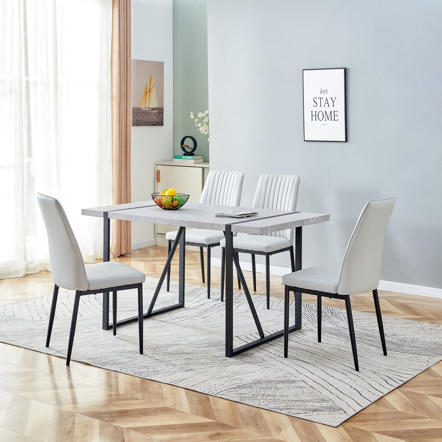 5-piece Dining Table Chairs Set, Rectangular Dining Room Table Set  for 4, Modern Dining Table and faux leather Chairs for Kitchen Dining Room, Small Space, GRAY