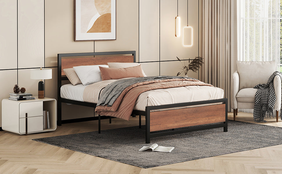 Full Size Platform Bed, Metal and Wood Bed Frame with Headboard and Footboard , Black