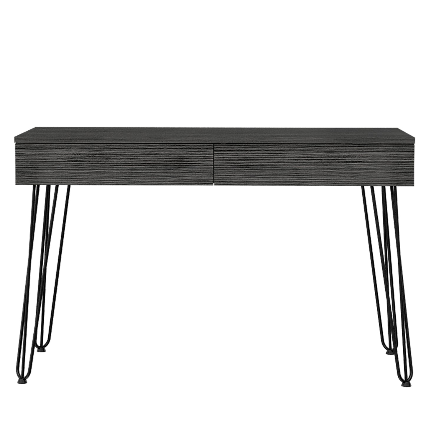 Sleek Smokey Oak Writing Desk with Hairpin Legs and 2 Drawer Storage