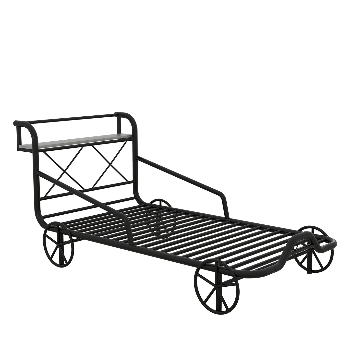 Twin Size Metal Car Bed with Four Wheels, Guardrails and  X-Shaped Frame Shelf, Black(: MF297599AAB)