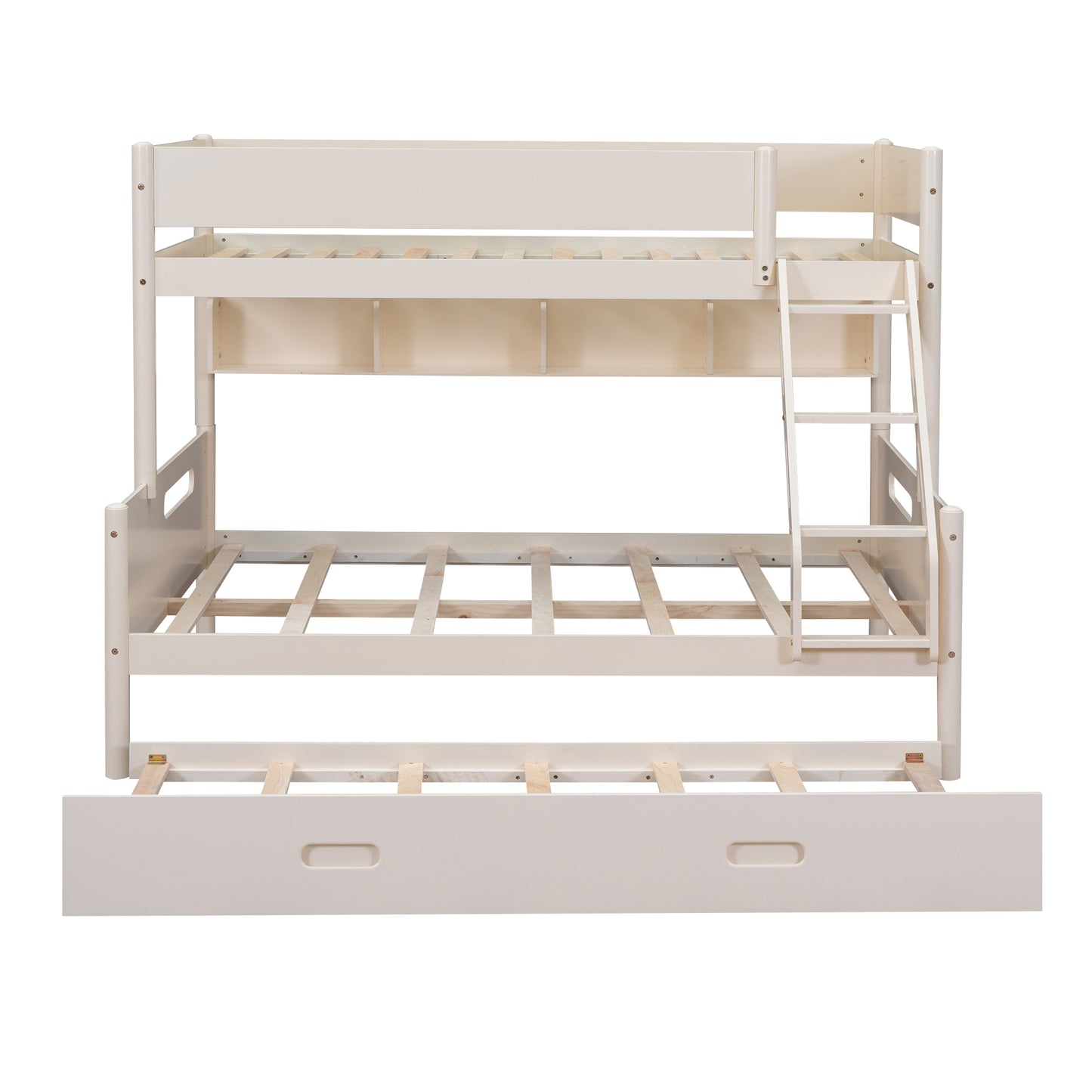 Cream Bunk Bed with Storage Shelves, Twin Trundle, and Solid Pine Construction