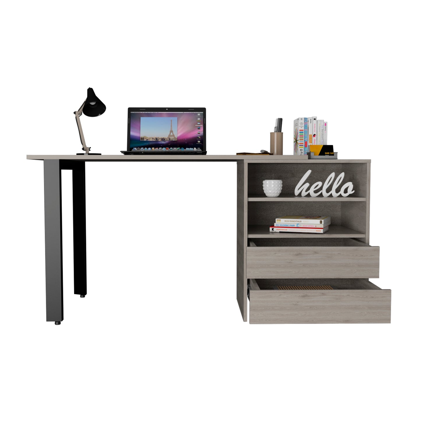 Cusco Light Gray Office Desk with Storage and Metal Legs