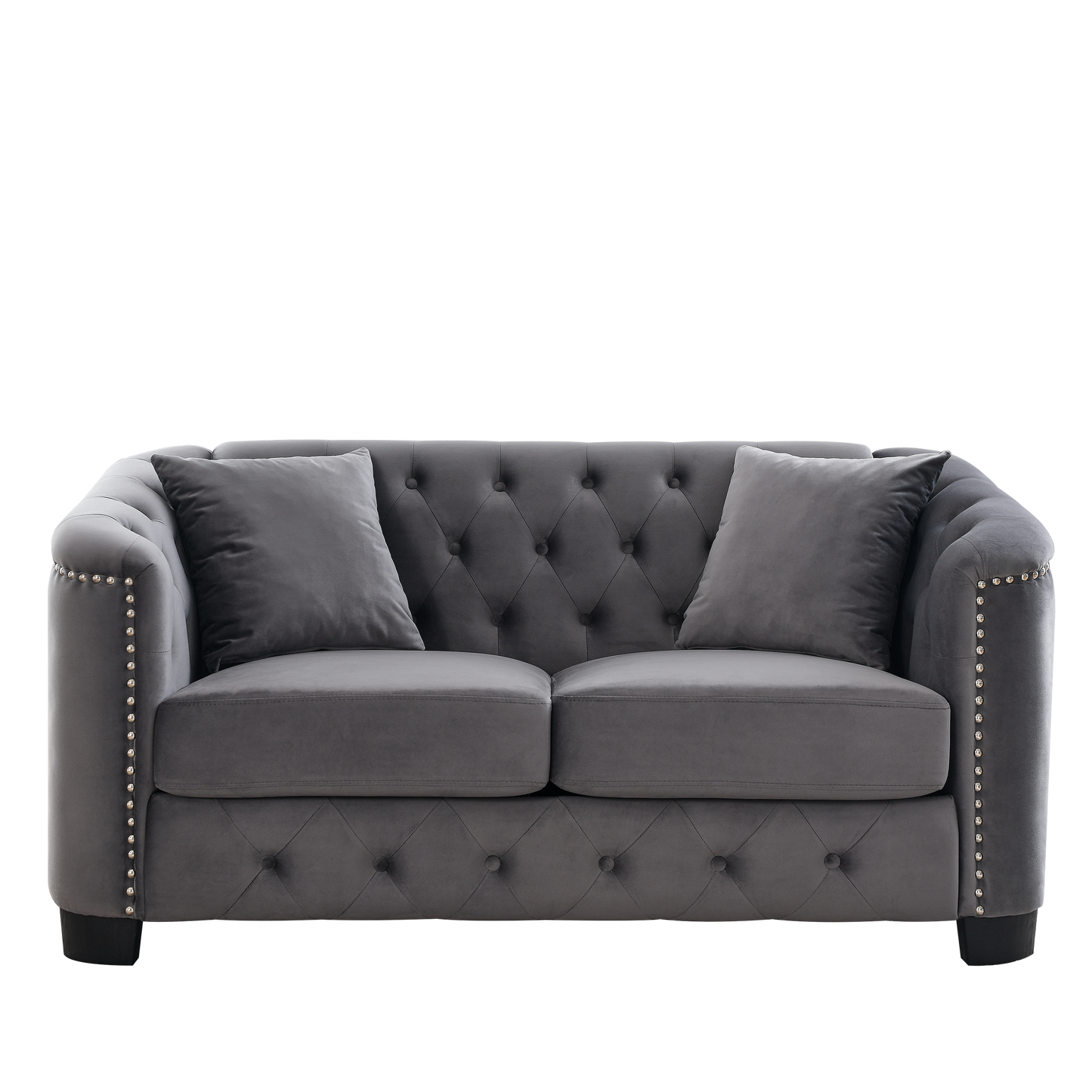 59-Inch Grey Velvet Chesterfield 2-Seater Sofa with Nailhead Arms and 2 Cushions