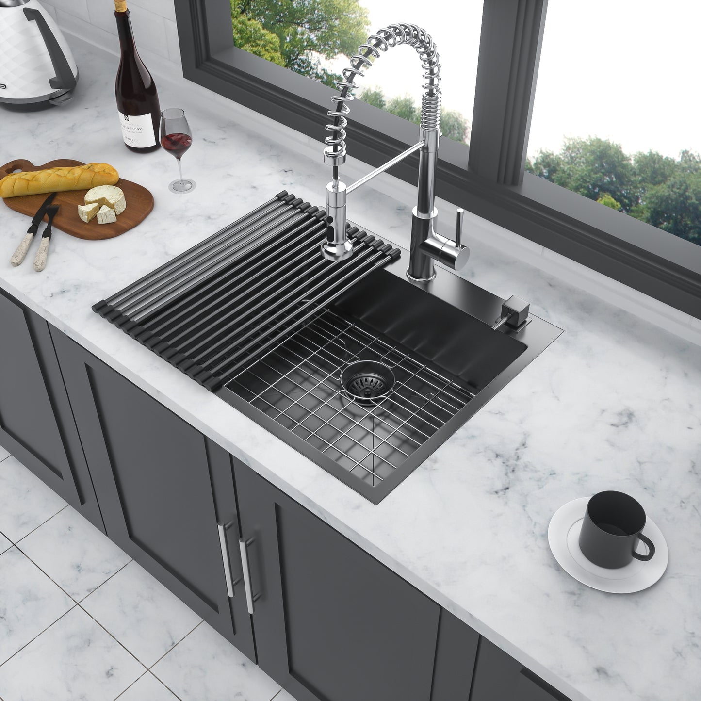 Gunmetal Black Topmount Kitchen Sink - 25x22 Inch Single Bowl Stainless Steel Sink