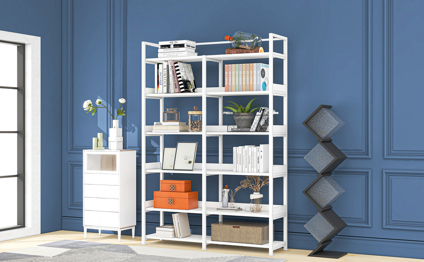 70.8 Inch Tall Bookshelf MDF Boards Stainless Steel Frame, 6-tier Shelves with Back&Side Panel, Adjustable Foot Pads, White