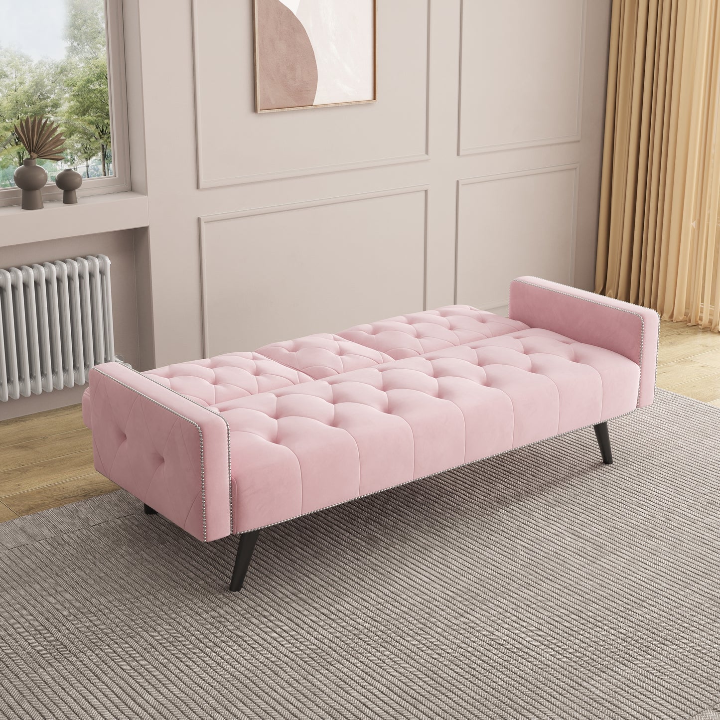 72 Pink Velvet Sofa Bed with Nail Head Trim and Two Cup Holders for Small Spaces