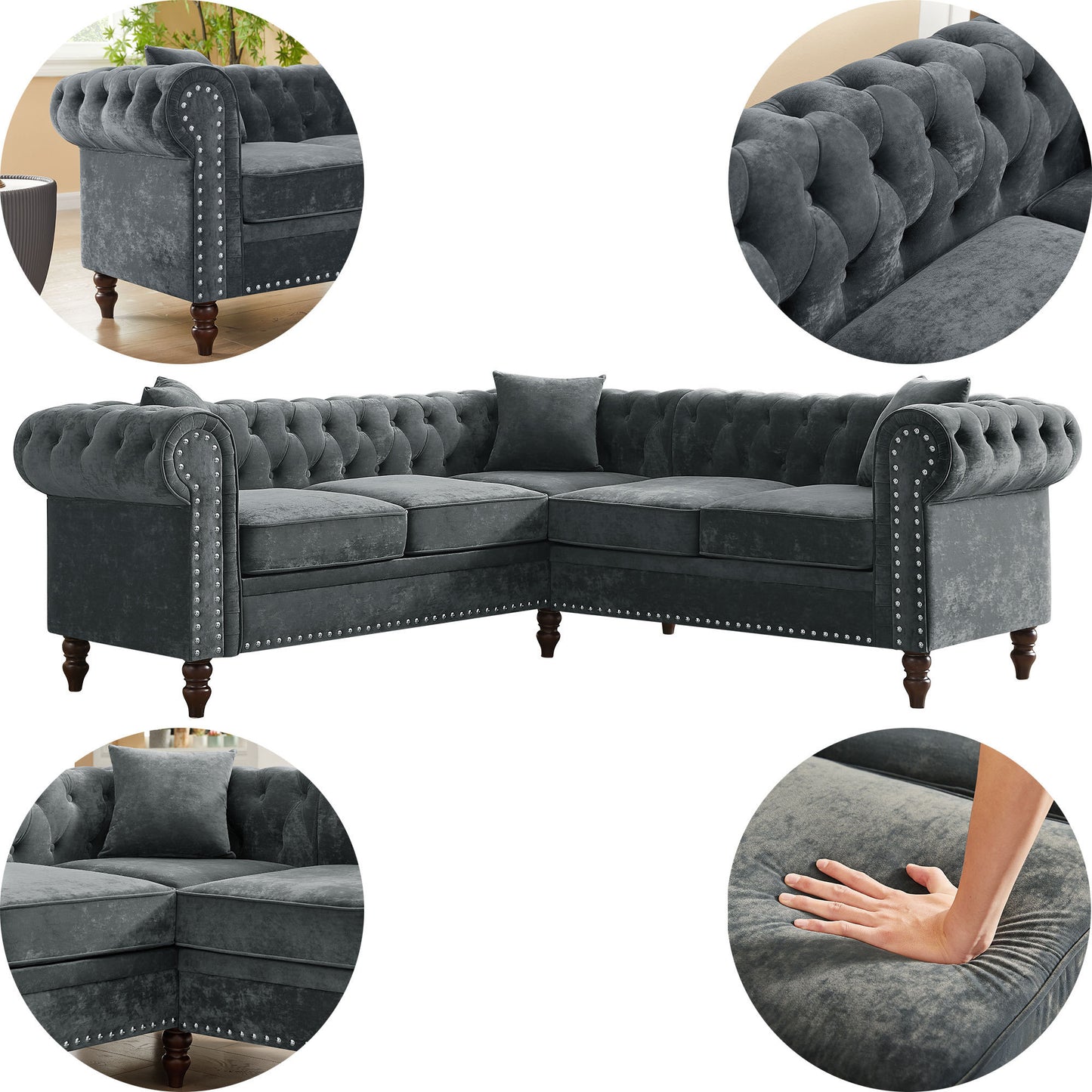 MH 80 Deep Button Tufted Upholstered Grey Velvet L-shaped Sofa with 3 Pillows and Solid Wood Gourd Legs