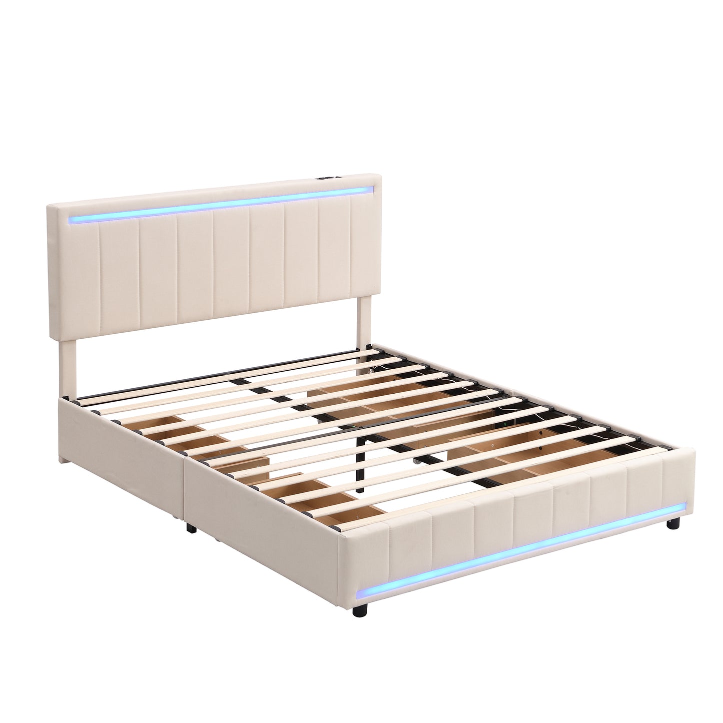 Queen Size Upholstered Bed with LED Light and 4 Drawers,  Modern Platform Bed with a set of Sockets and USB Ports, Linen Fabric, Beige