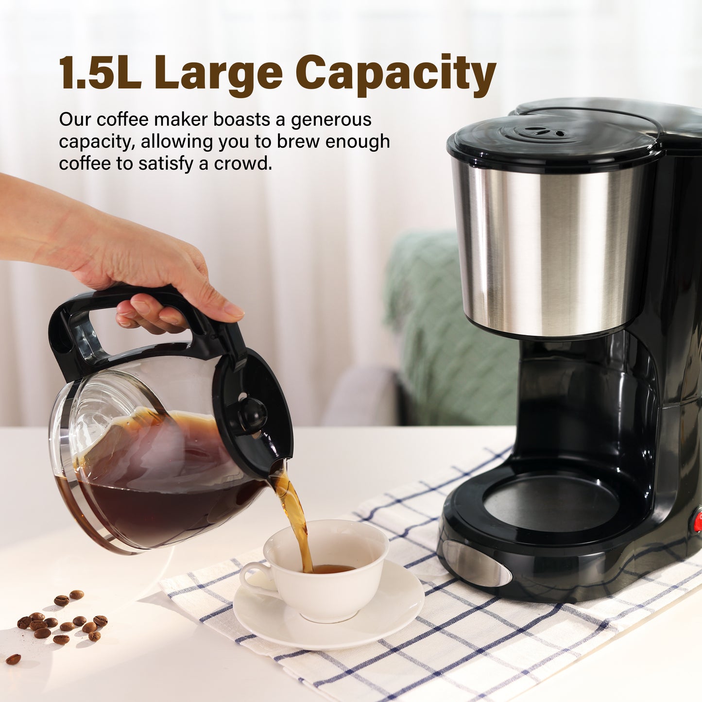 Drip Coffee Machine with 12-Cup Capacity, Anti-Drip Feature, Automatic Keep Warm Function, Clear Water Level Indicator, Compact Black Coffee Maker, Stainless Steel