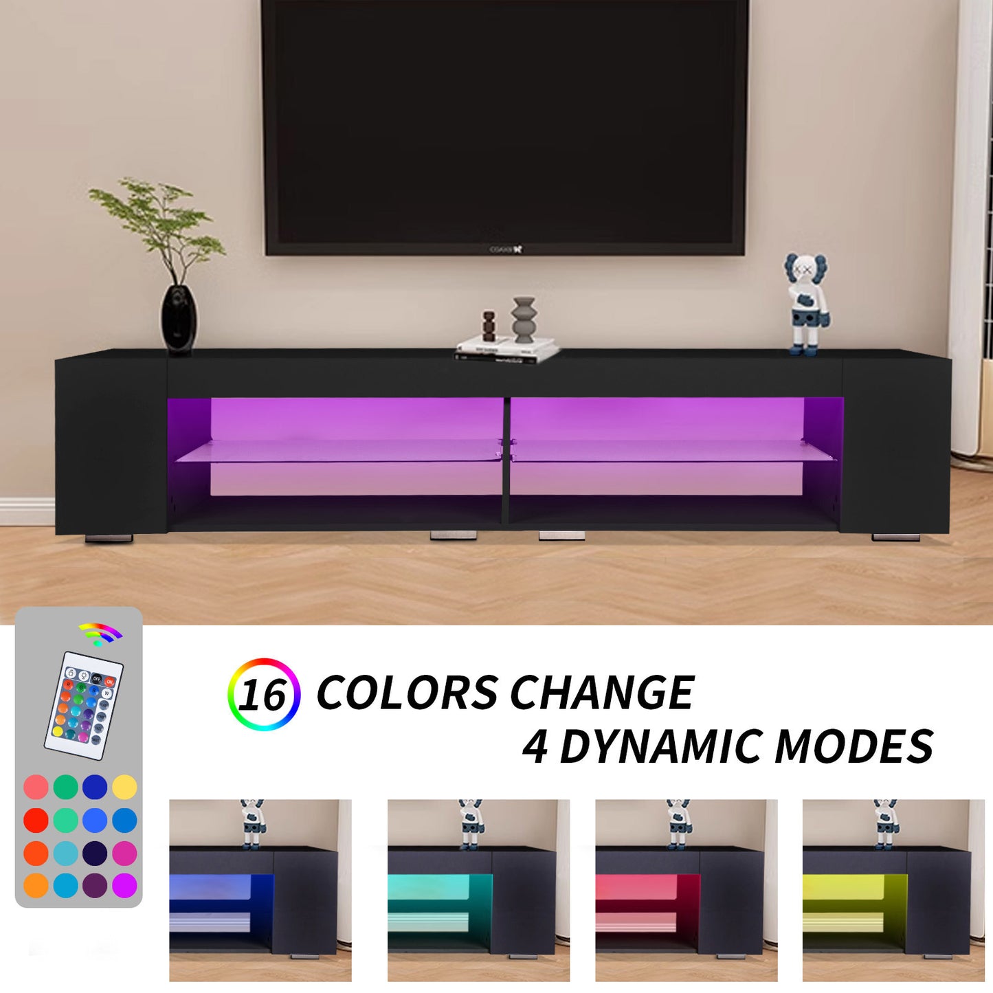 Modern High Gloss LED TV Stand with RGB Remote Control and Storage System