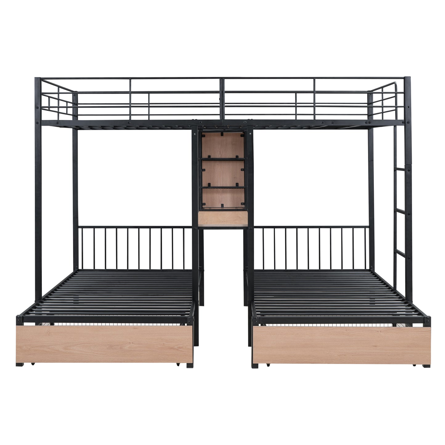 Full Over Twin & Twin Bunk Bed with Desks, Shelves, and Drawers in Black Metal Frame